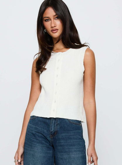 Simie Button Front Rib Top White