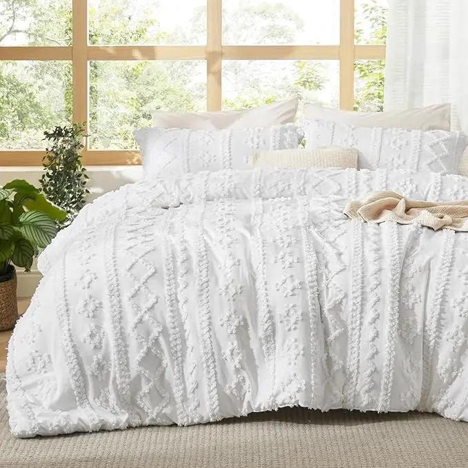 Boho Tufted Bed Set, Checkered Farmhouse Shabby Chic Bedding, 3 Pieces