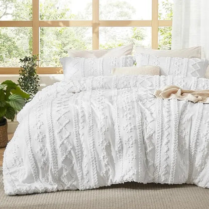 Boho Tufted Bed Set, Checkered Farmhouse Shabby Chic Bedding, 3 Pieces