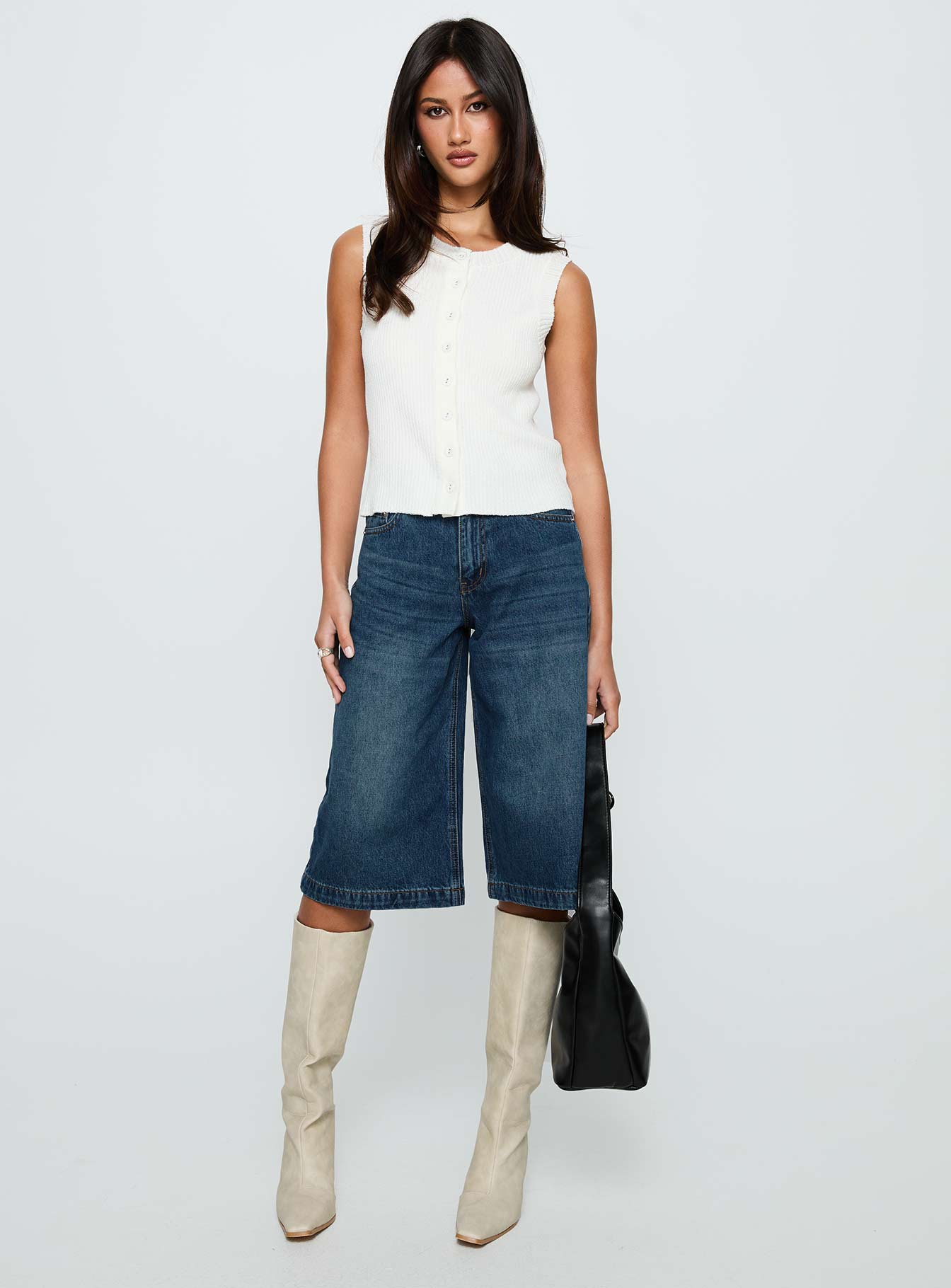 Simie Button Front Rib Top White