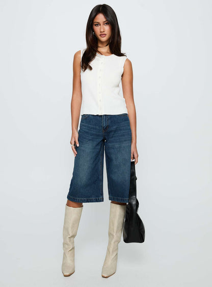 Simie Button Front Rib Top White