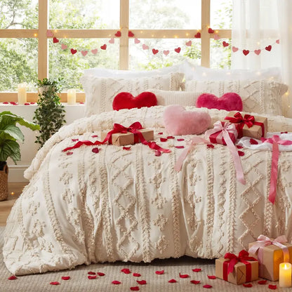 Boho Tufted Bed Set, Checkered Farmhouse Shabby Chic Bedding, 3 Pieces