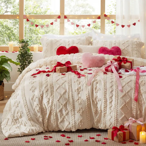 Boho Tufted Bed Set, Checkered Farmhouse Shabby Chic Bedding, 3 Pieces