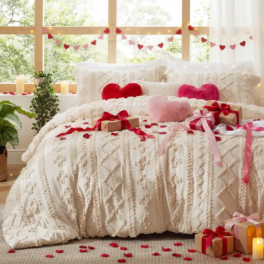 Boho Tufted Bed Set, Checkered Farmhouse Shabby Chic Bedding, 3 Pieces