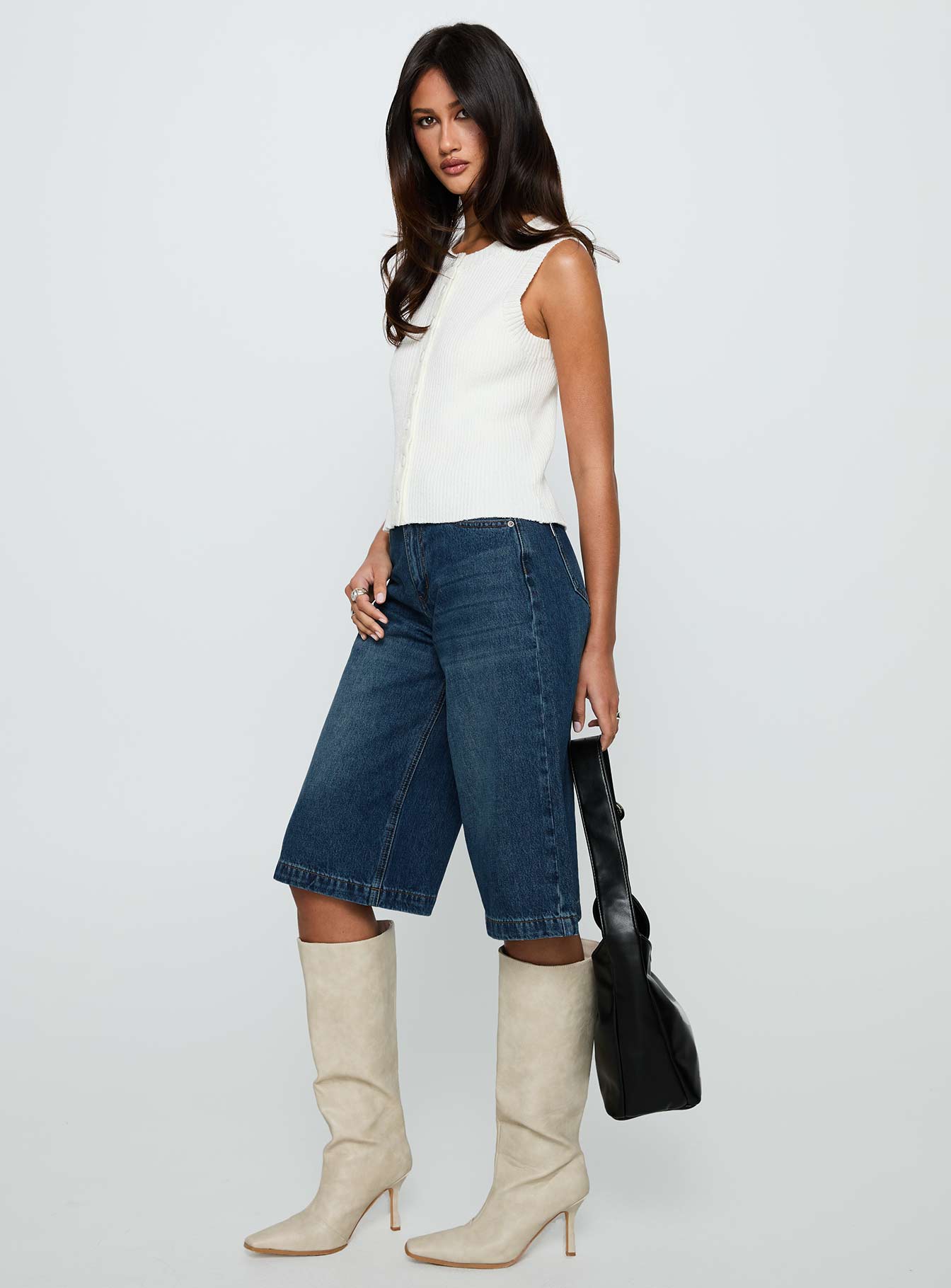 Simie Button Front Rib Top White