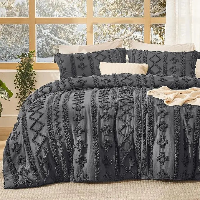 Boho Tufted Bed Set, Checkered Farmhouse Shabby Chic Bedding, 3 Pieces