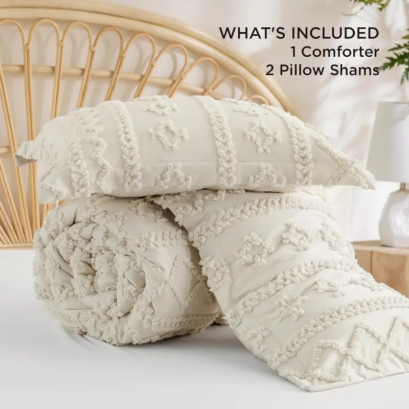 Boho Tufted Bed Set, Checkered Farmhouse Shabby Chic Bedding, 3 Pieces