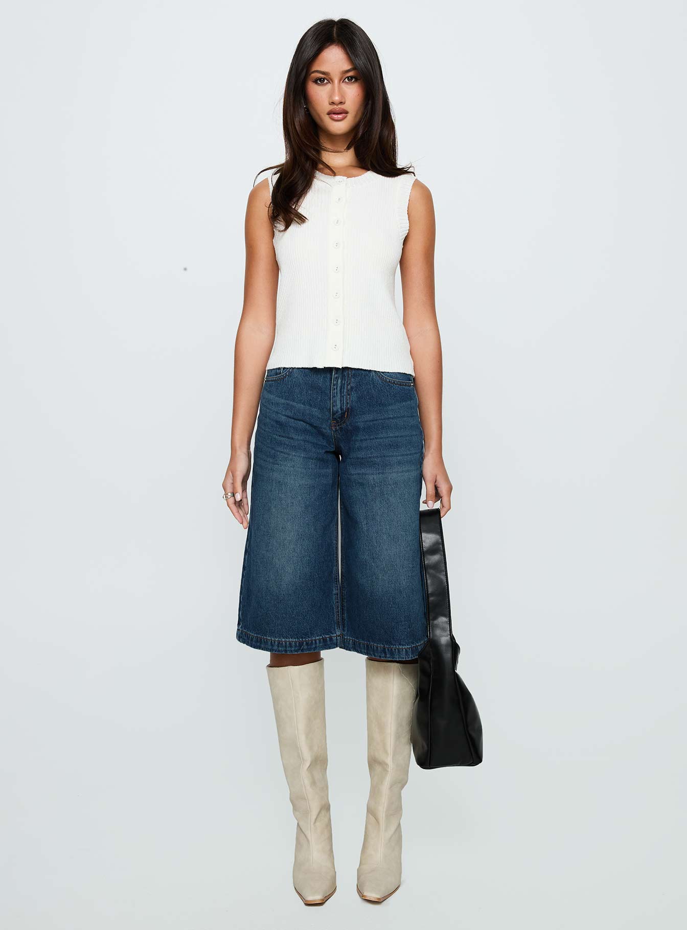 Simie Button Front Rib Top White