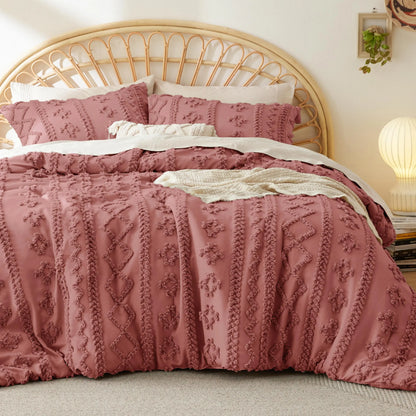 Boho Tufted Bed Set, Checkered Farmhouse Shabby Chic Bedding, 3 Pieces