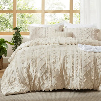 Boho Tufted Bed Set, Checkered Farmhouse Shabby Chic Bedding, 3 Pieces