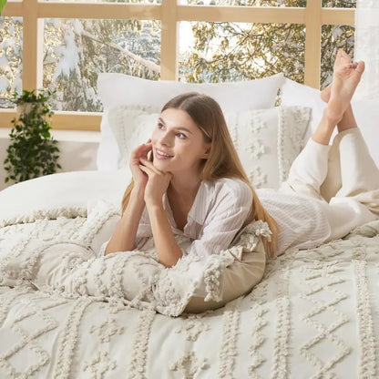 Boho Tufted Bed Set, Checkered Farmhouse Shabby Chic Bedding, 3 Pieces